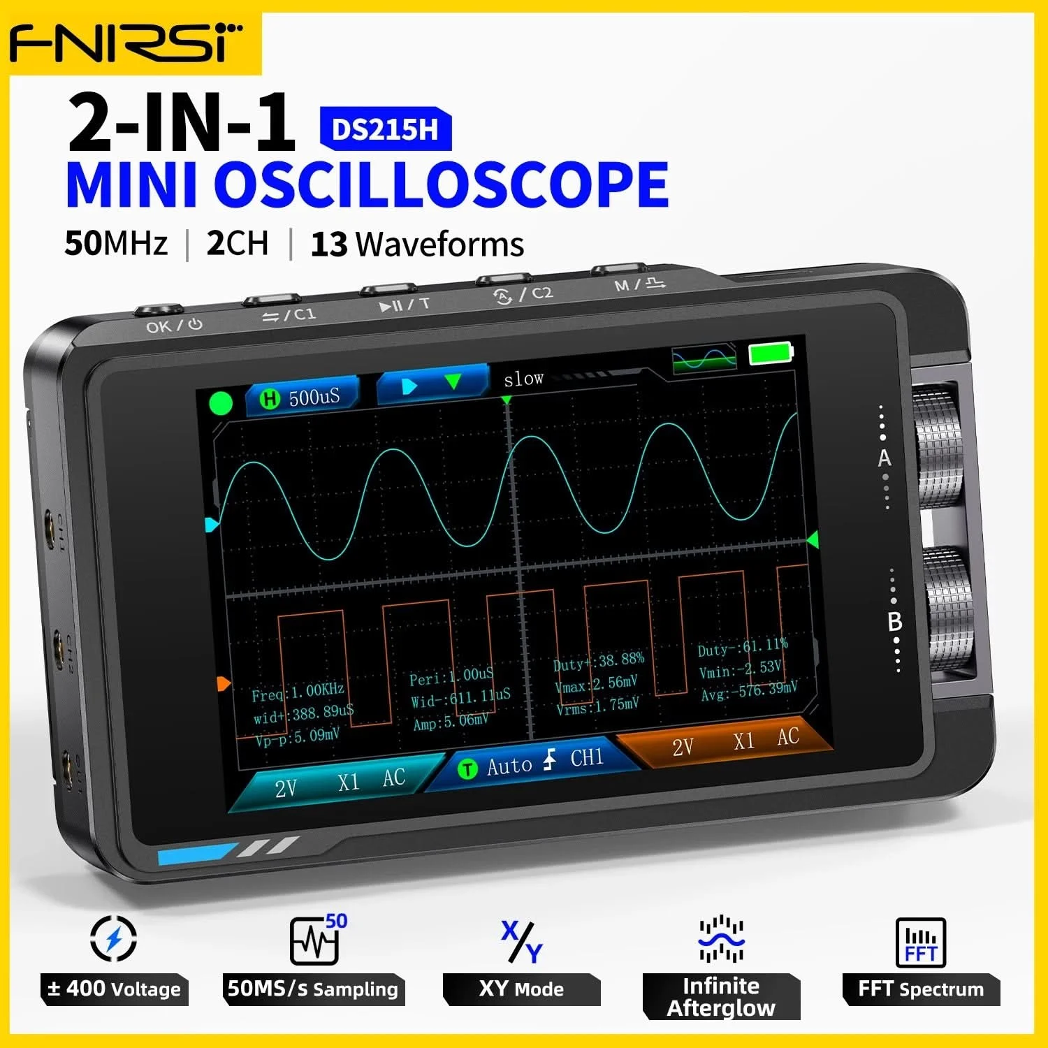 

FNIRSI DS215H Мини-осциллограф 2 в 1, инструмент для ремонта, двухканальный, 50 МГц, 250 мс/с, частота дискретизации, поддерживает 8 языков