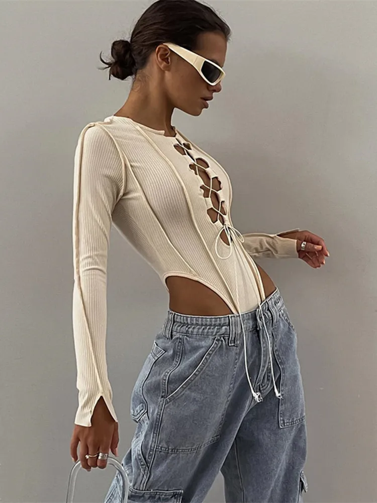 Ahagaga Pure Desire Front Hollow out Belted Long Sleeve Top Slim Fit Fashionable  Color Onesie Women's Street Style T-shirt