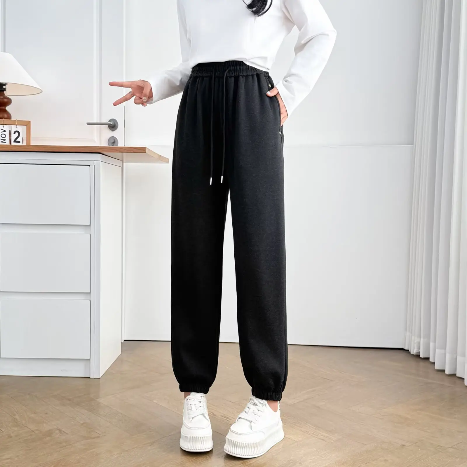 XXXXL موضة حجم كبير ملابس امرأة سراويلي حريمي بسيط غير رسمي دافئ الصوف وسميكة الكاحل النطاقات Sweatpants شتاء 893 #3