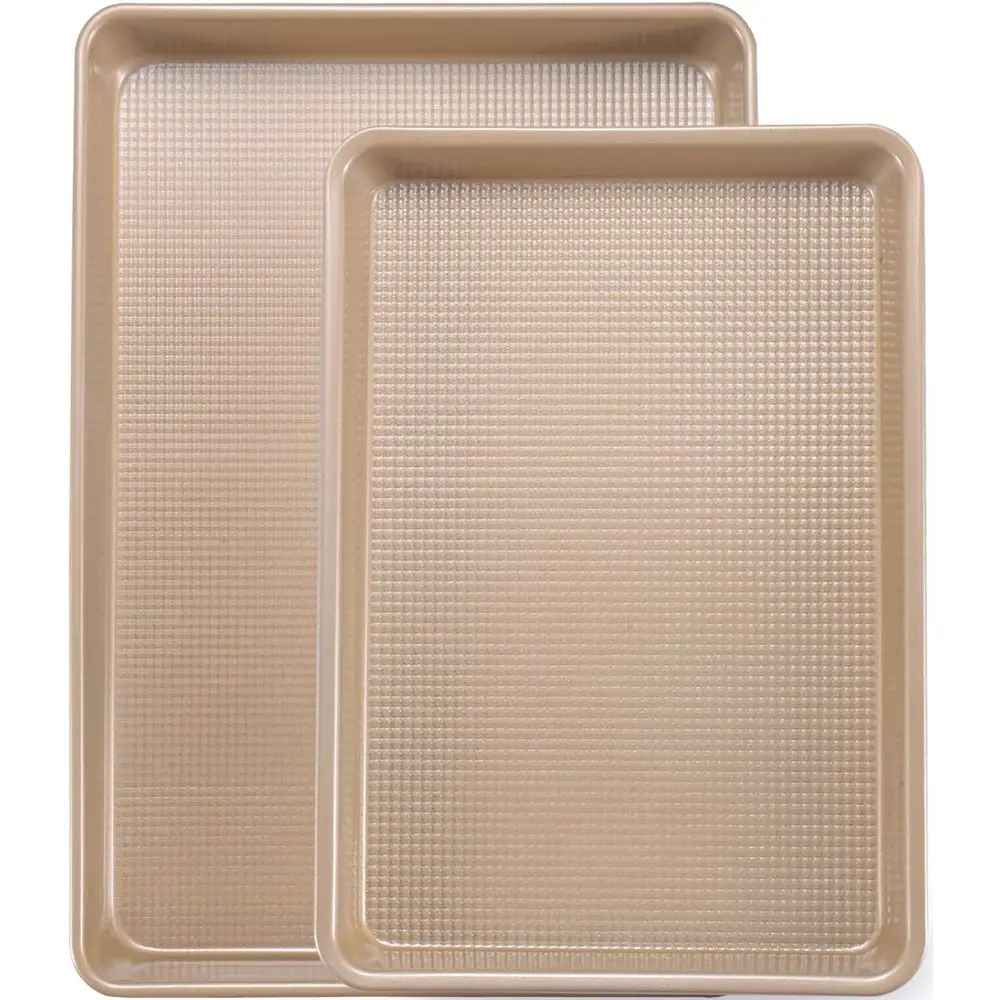 2 Pack Heavy Duty Nonstick Cookie Sheets, 0.8mm Thick, Quarter and Jelly Roll Sizes, Diamond Texture, Gold Commercial Grade, Sui