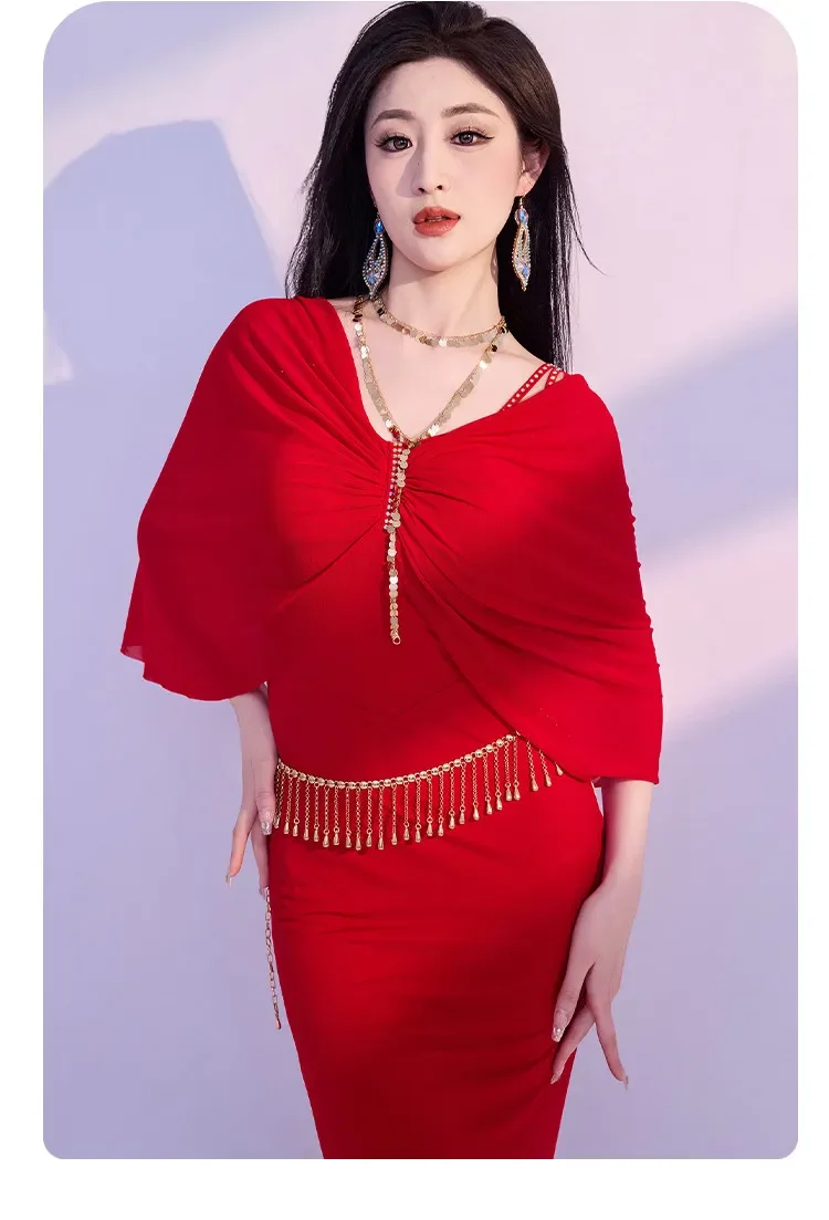 Neues Bauchtanz-Übungsoutfit, Trägerkleid, sexy Bauchbedeckung, orientalisches Tanzkostüm für Auftritte, professionelles Bauchtanz-Outfit. – Detail 5