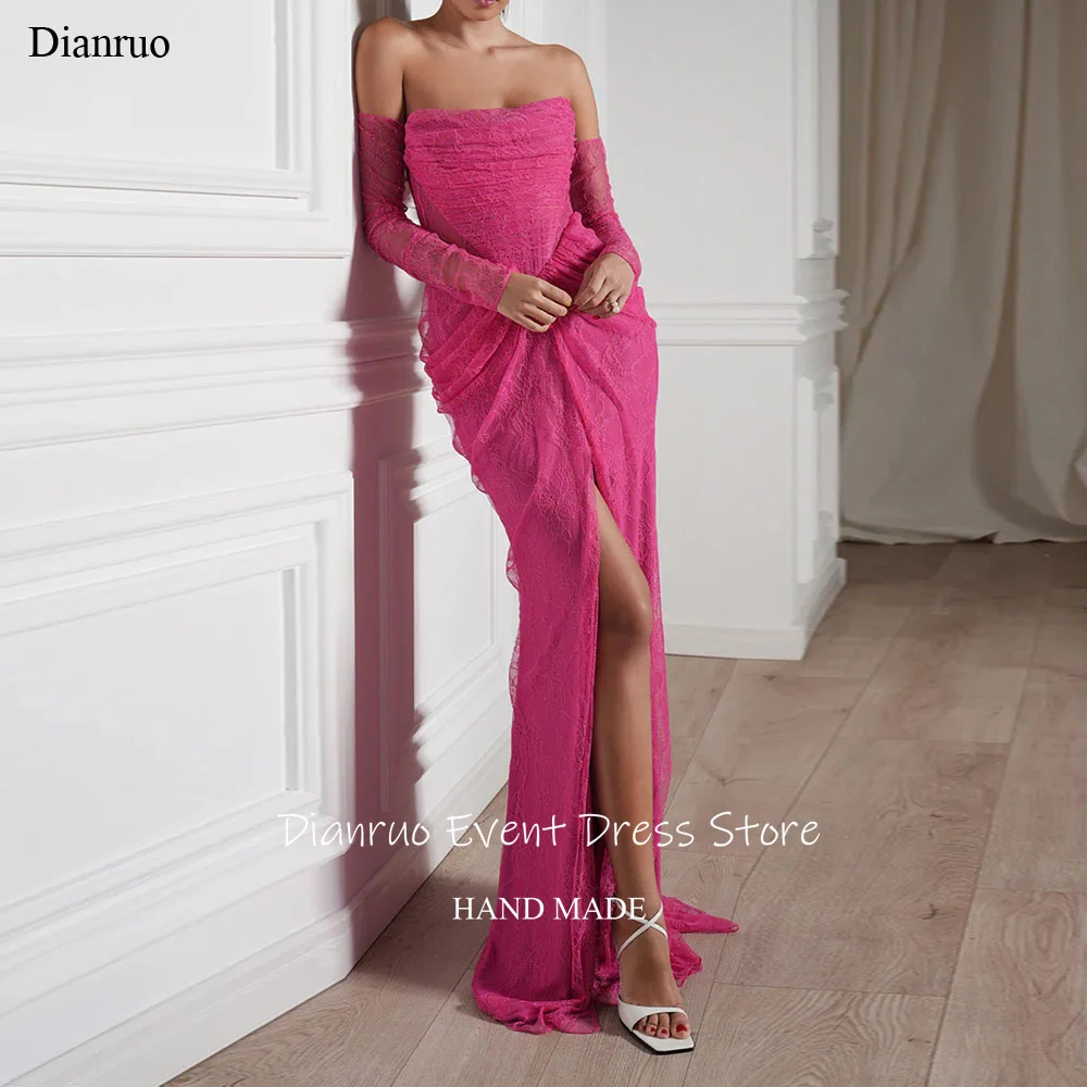 

Dianruo Фуксия Кружевные вечерние платья Аппликации с открытыми плечами Vestidos De Fiesta Русалка с высоким разрезом Приталенные платья для выпускного вечера по индивидуальному заказу