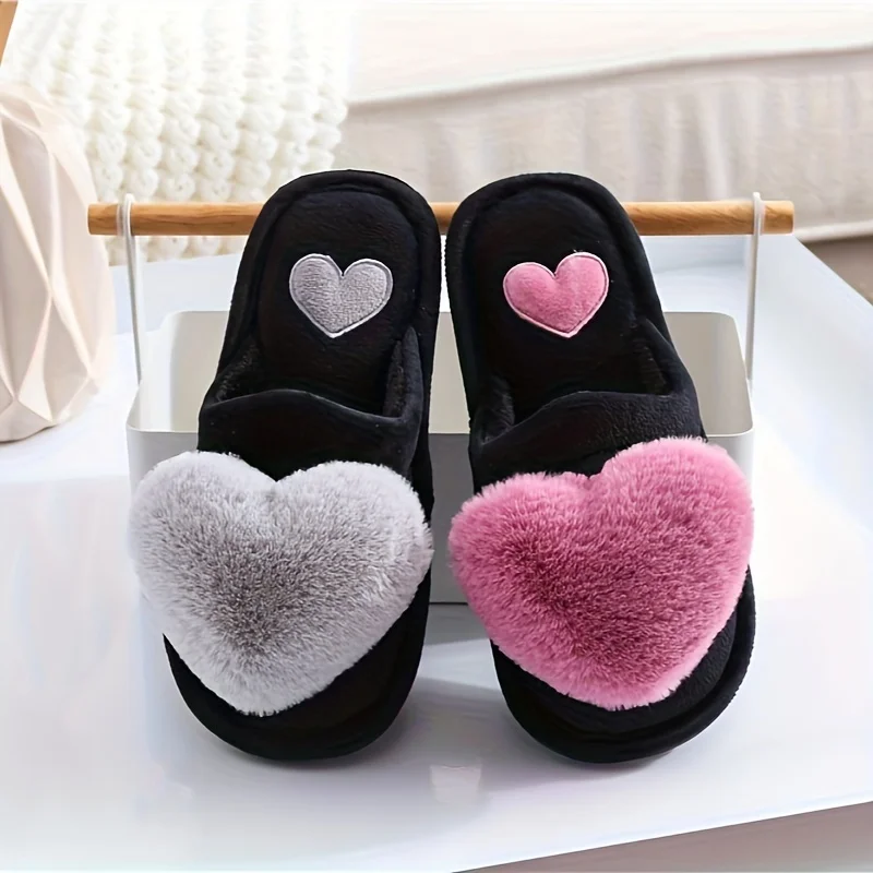 

Heart-shaped fluffy home warming slippers, soft-bottom flat anti-slip shoes, winter open-toe fuzzy slippers