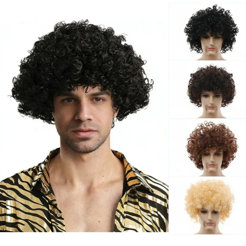 Africa Men Women Synthetic Wigs Fluffy Curly Hair Cap Halloween Cosplay Party Headcover Props Disco Hippie Rock Dance Wigs Hair