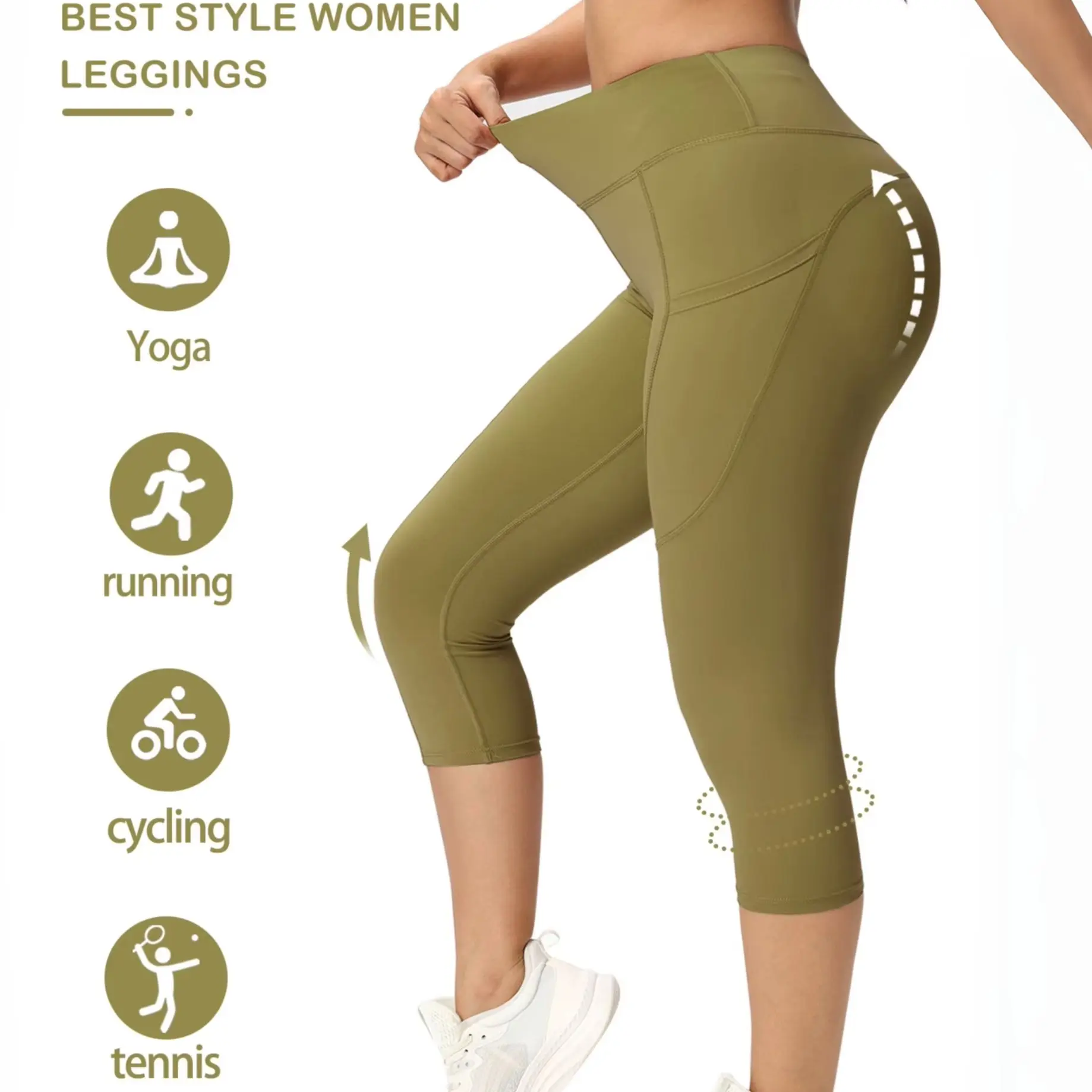 High Waist Capri Yoga Leggings With Side Pocket Butt Lifting Stretch Soft 3/4 Length Workout Fitness Capri Pants For Women