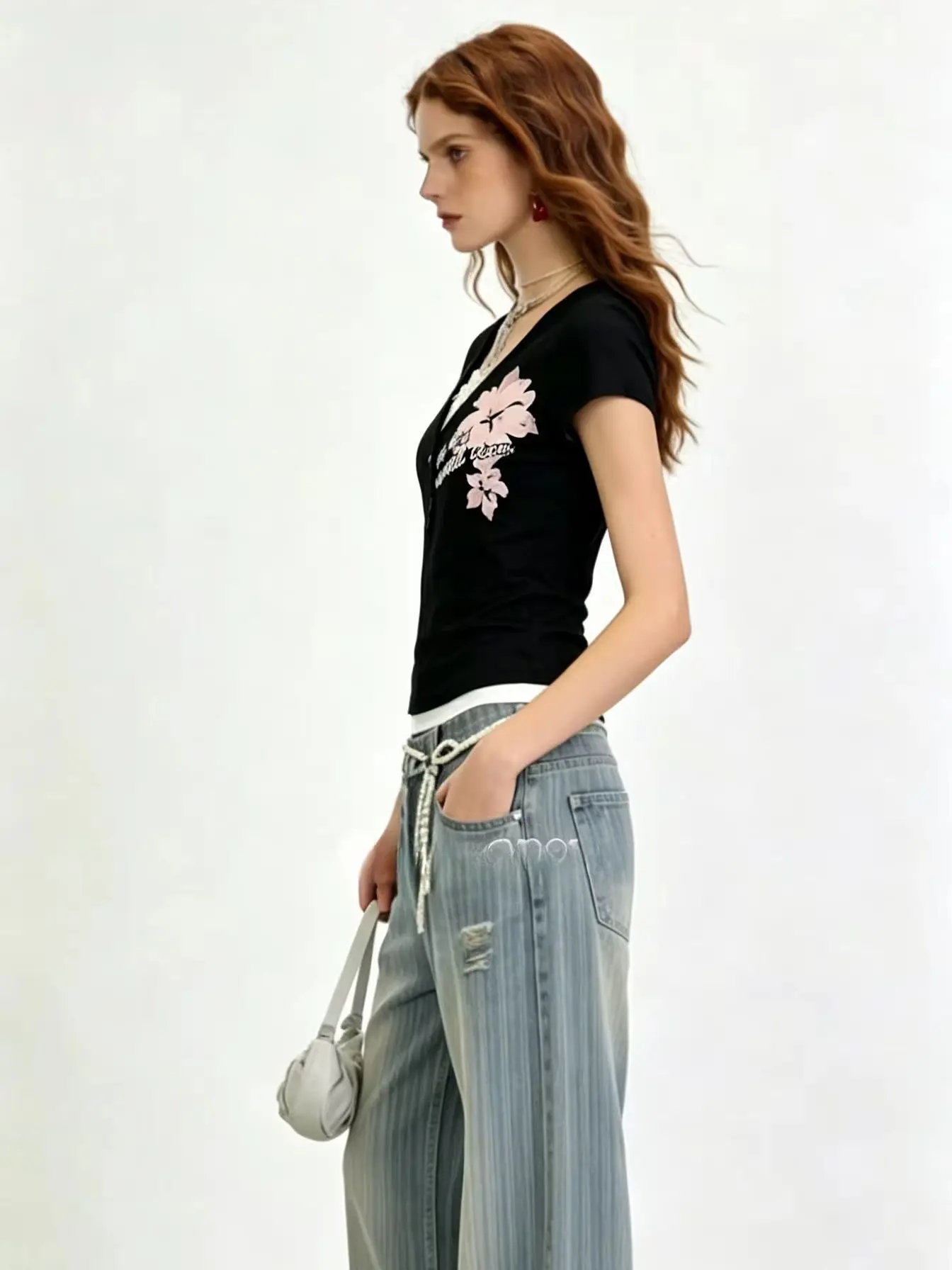 Women American Vintage Flower Print T-shirt Summer Grunge Retro Slim Fit Tees Y2K Harajuku Grunge Short Sleeve Hottie Tops New image 4