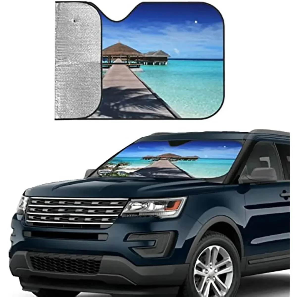 Car Windshield Sun Shade,Seaside Wooden Summer Relaxation Plank Bridge Grass Pavilion Tropical Ocean Resort Scenic Sun Visor