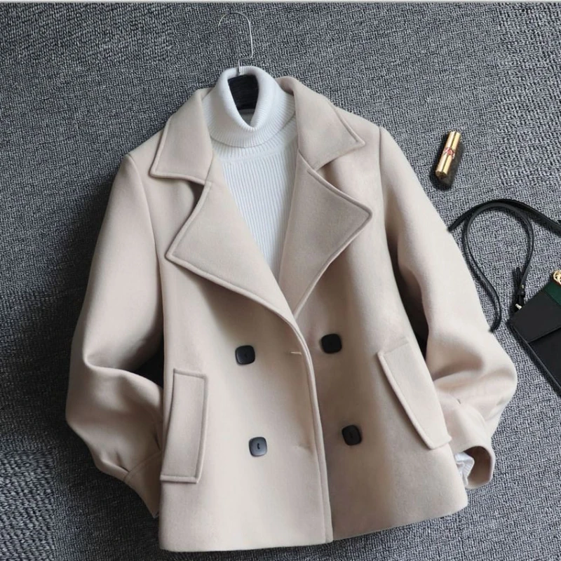 

New Small Man Trend Woolen Coat Short Female Slim-fit Dragon Phoenix Woolen Coat Women's Clothing Simple Commute Korean Version