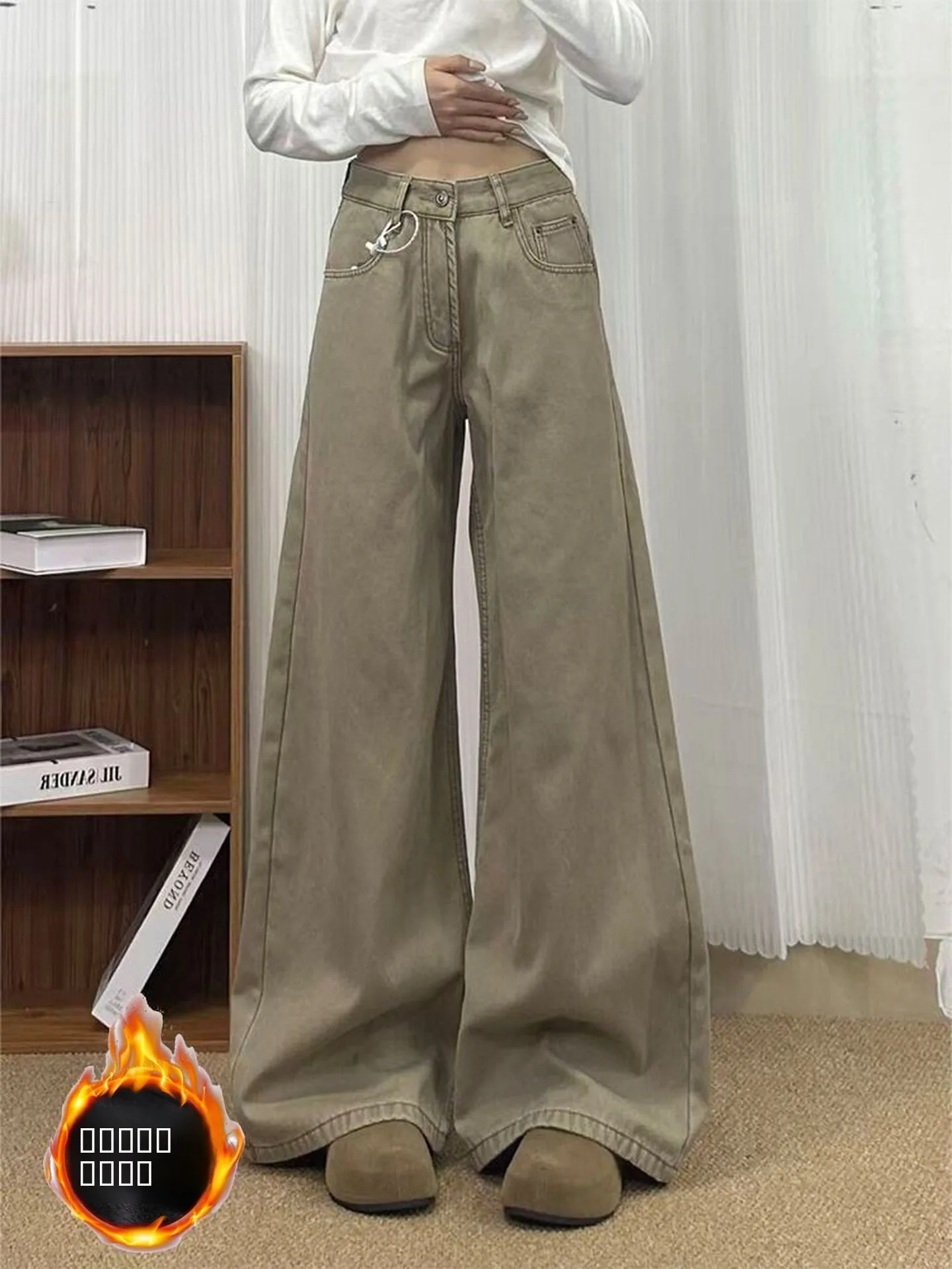 High Waist Fce Gevoerde Waed Denim Jeans Dameswijde Broek met Wijde Pijpen Herfst Winter Nieuwe Sle Amerikaanse Sle Distressed Jeans