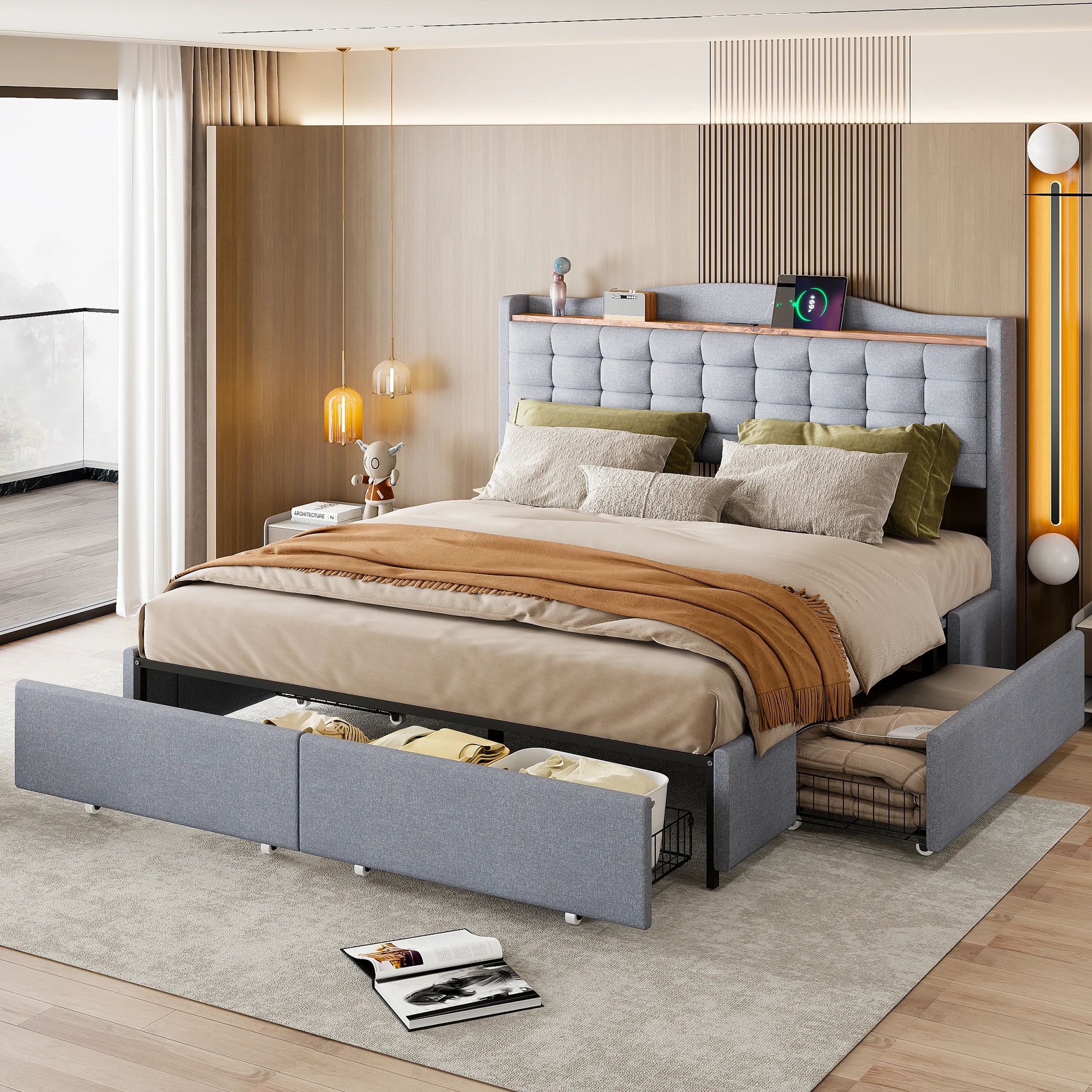 Lit avec rangement 160x200 cm - Lit double avec port USB, table de chevet avec 4 tiroirs, sans matelas, lin, gris clair