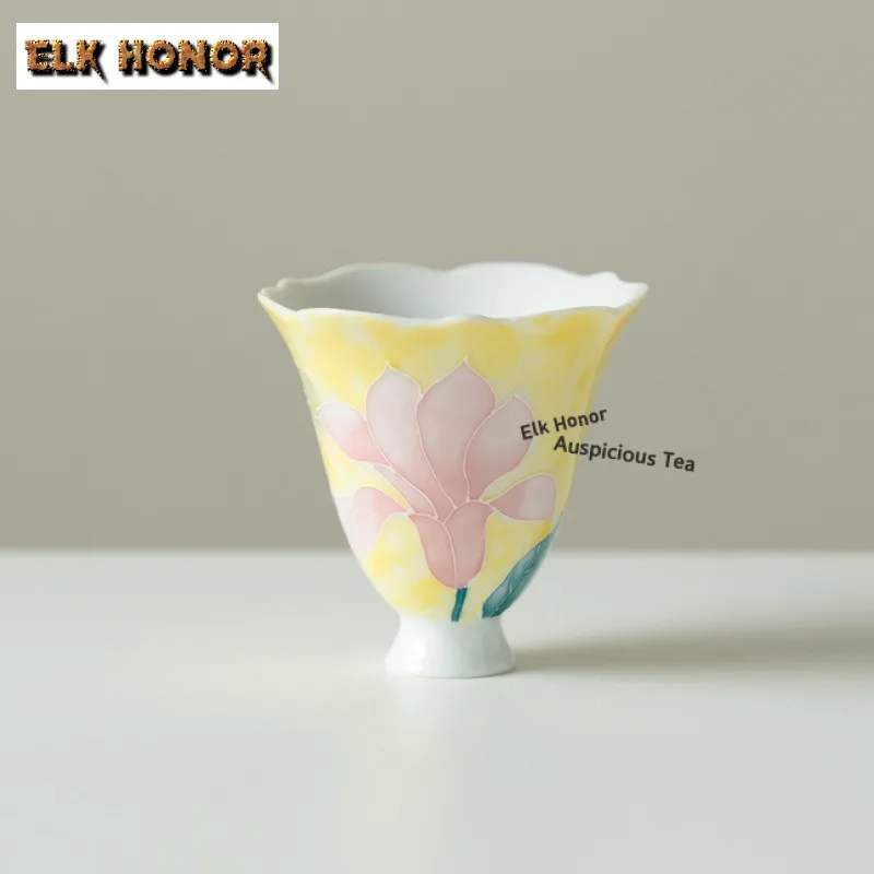 55ml Hand-painted Yellow Mist Pure Magnolia Teacup Retro Tea Bowl Mug Tea-tasting Fragrance Cup Jianzhan Master Cups Cha Craft
