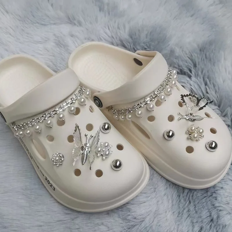 

Rhinestone Pearl Chain Shoe Decorations Elegant Vintage Sliver Butterfly Clogs Jewelry Luxury All-match Shoe Charms for Crocs