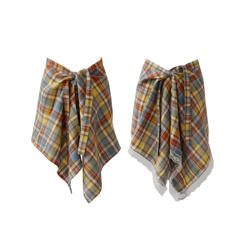 กระโปรงผู้หญิง ลายตารางสีรุ้ง หวานซ่อนเปรี้ยว ขอบลูกไม้แบบไม่สม่ำเสมอ ดีไซน์ชิ้นเดียวผูกโบว์