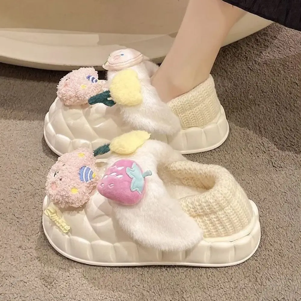 Casual Bear Flower Plush Outerwear Shoes Peach Strawberry Fluffy Soft Plush Slippers Thick Home Shoes Fleece Slippers Women Home