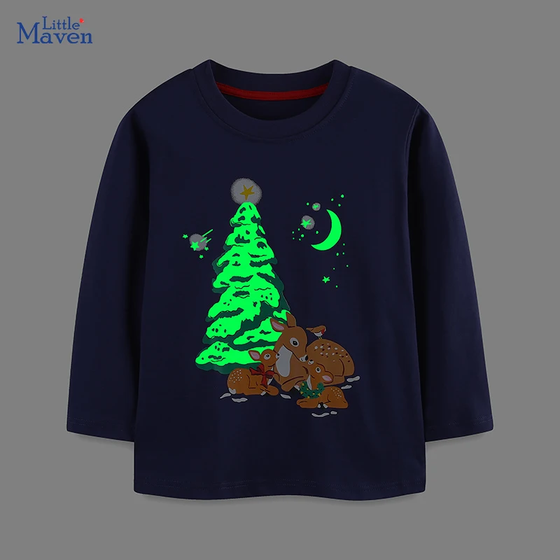 Little maven Cartoon Children's Clothing Luminous Christmas Tree Deer Boys Long Sleeves T-shirt Kids Halloween Boys Tops Tees