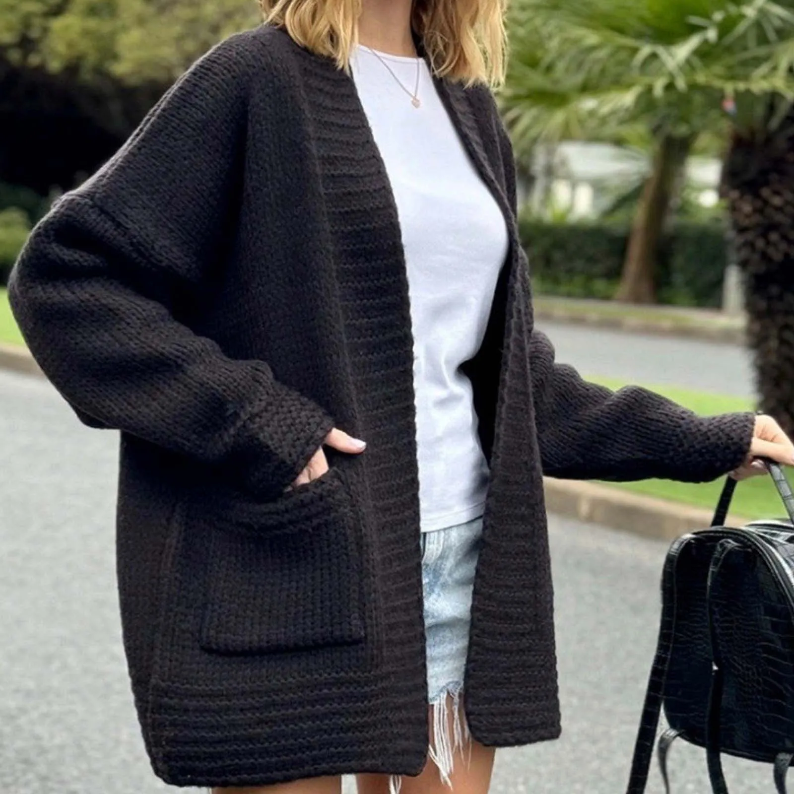 Women Cardigan Kintted Long Jacket Spring Autumn Gray Crochet Loose Long Sleeve Winter Sweater Warm Jumper Coat Cardigans