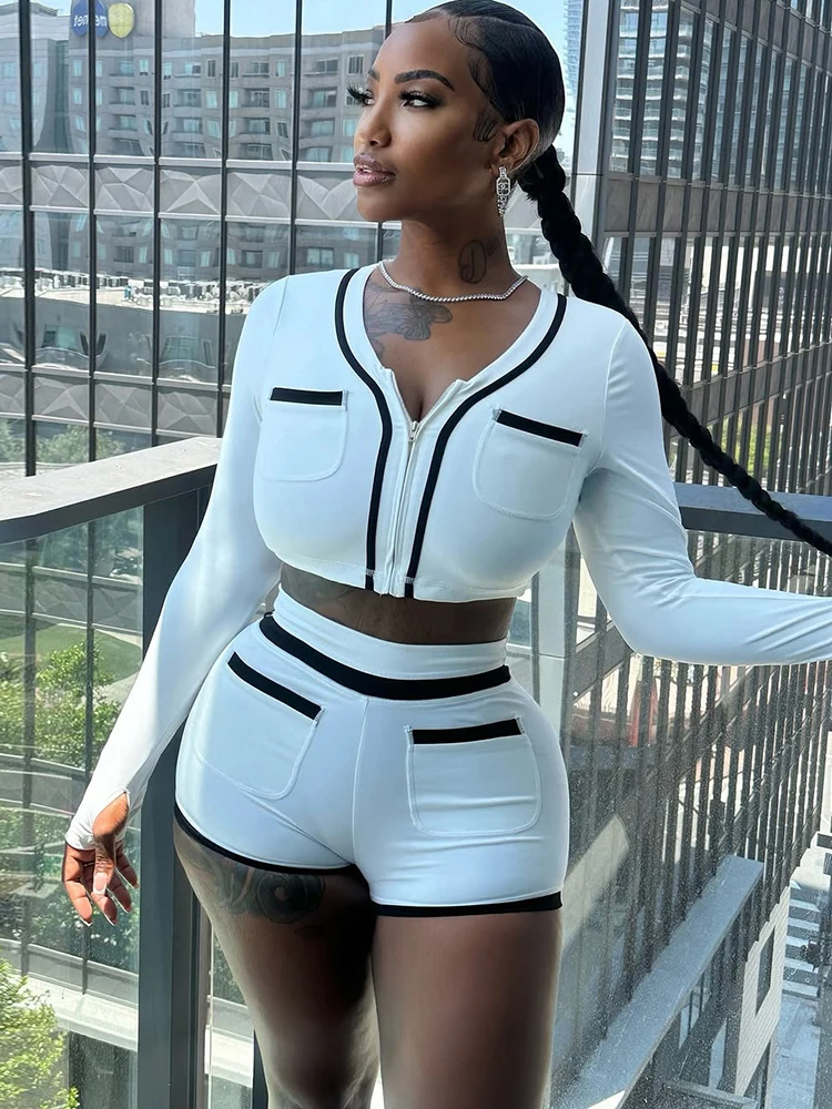 Macheda ストライプ 2 点セット女性ポケット装飾ジッパー O ネック長袖クロップトップス + エラスティックウエストシャツスキニーファッションスーツ