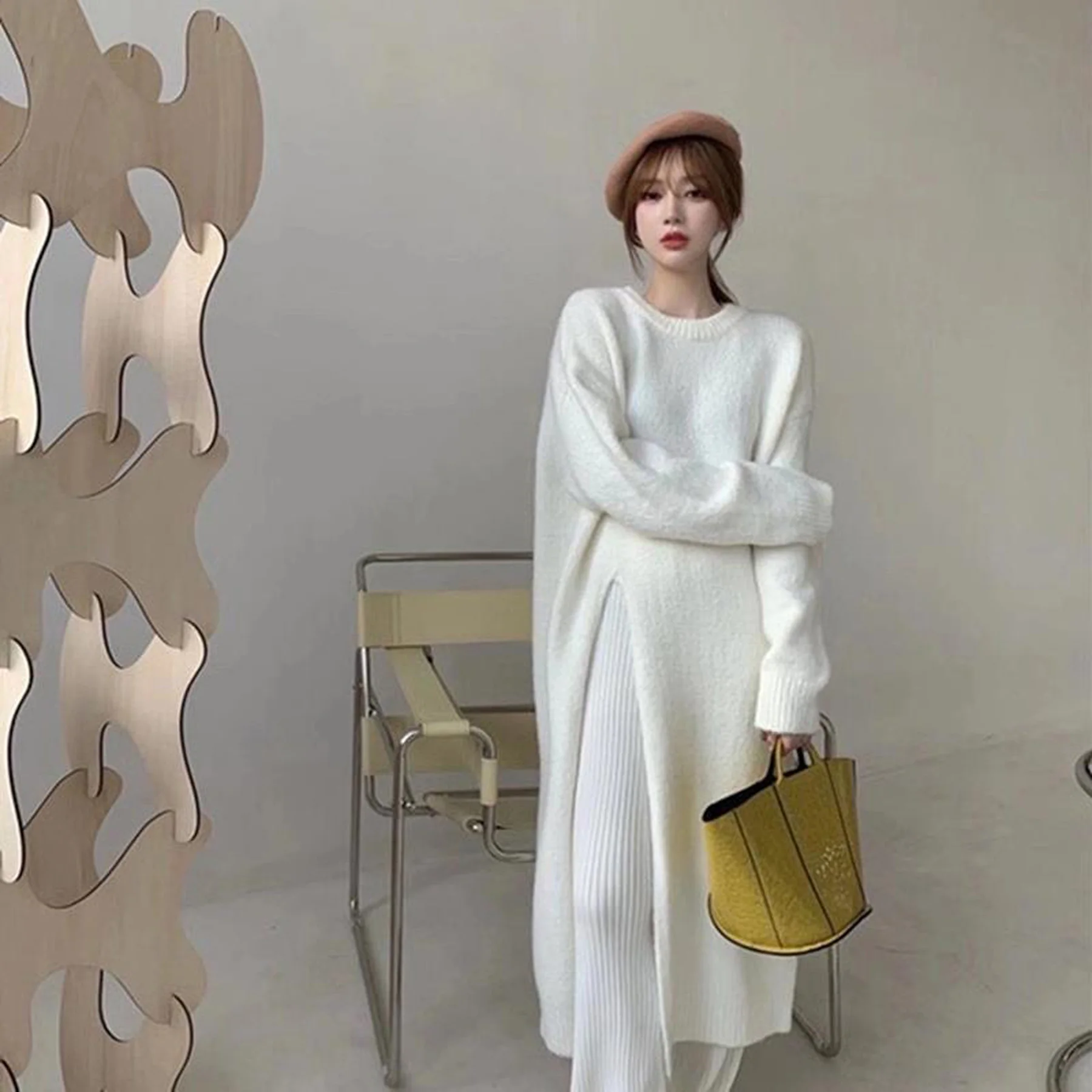 Winter Women Y2k Loose Fit Knitted Dress V Neck Sexy Slim Elastic Oversized Basic Bodycon Sweater Dress Autumn Winter Warm Long - view 2