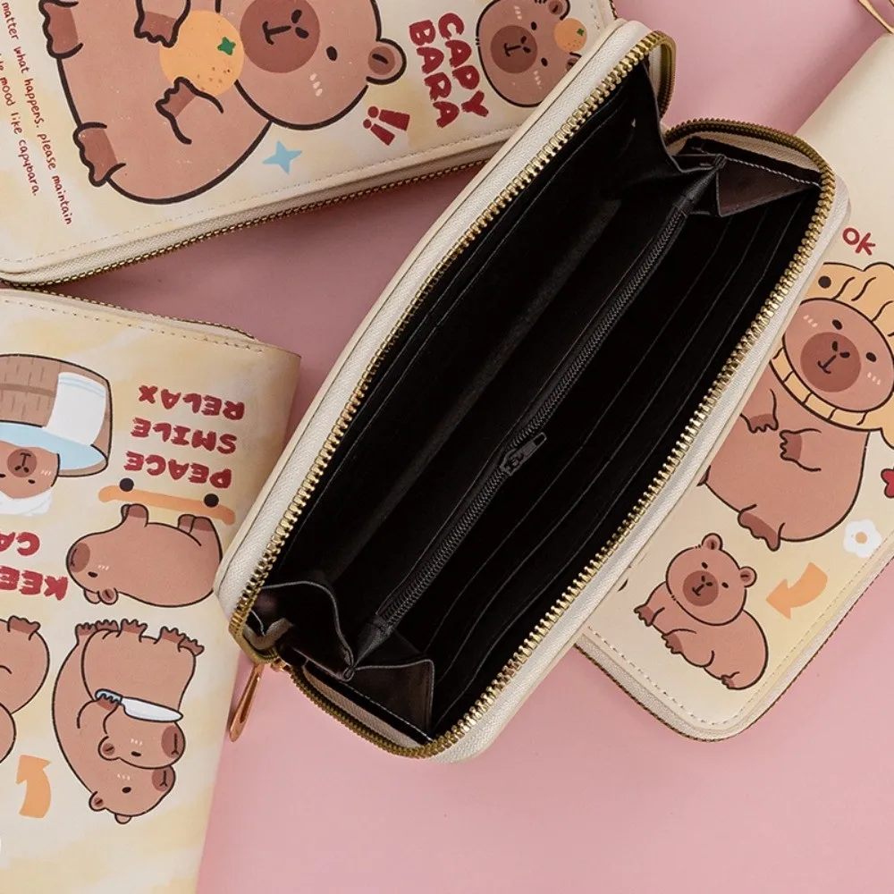 المحمولة الكرتون كابيبارا محفظة طويلة بو الجلود متعدد الطبقات محفظة نسائية للعملات المعدنية سستة للماء حامل بطاقة الائتمان النساء