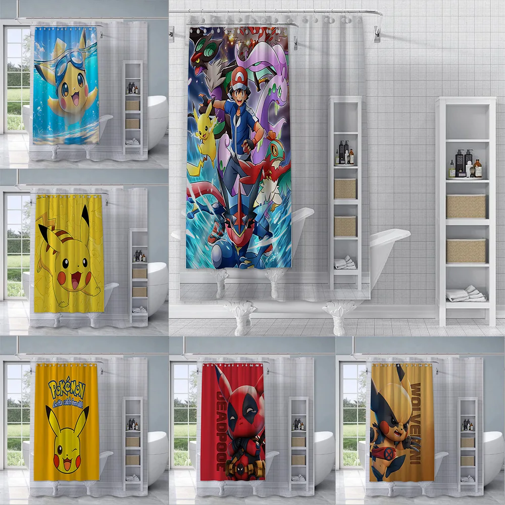 Kawaii Pokemon Cartoon Shower Curtain Waterproof Polyester Fabric Paint P-Pikachu Bath Curtains Home Bathroom Decor Curtain