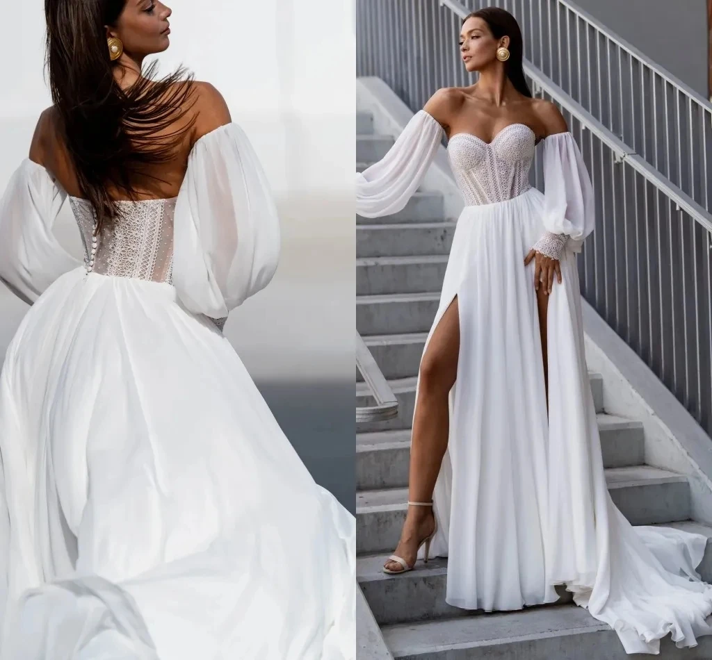 Hot sale A Line Wedding Dress 2024 Sweetheart Bohemia Sexy Sleeves Backless Slit Long Women Bridal Dress Vestido De Novia