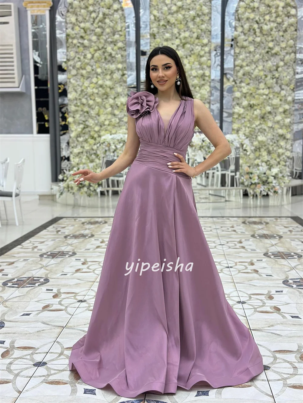 Customized Modern Style Matching Handmade Flower Ruched A-line V-neck Long Dresses Bespoke Occasion Dresses Sizes Available Sexy