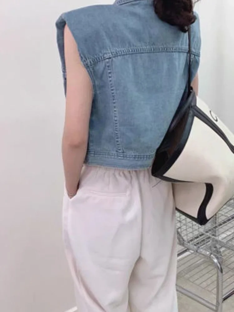 

Vests Women Solid Daily Denim Students Simple Fashion Streetwear Pockets Korean Style Autumn All-match Casual Turn-down Collar