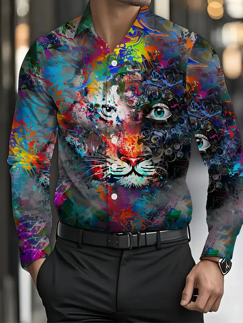 

New Men's Shirt Grid Striped Geometric Flip-over Street Print Long Sleeve Clothing Fashion Clothing Designer Casual