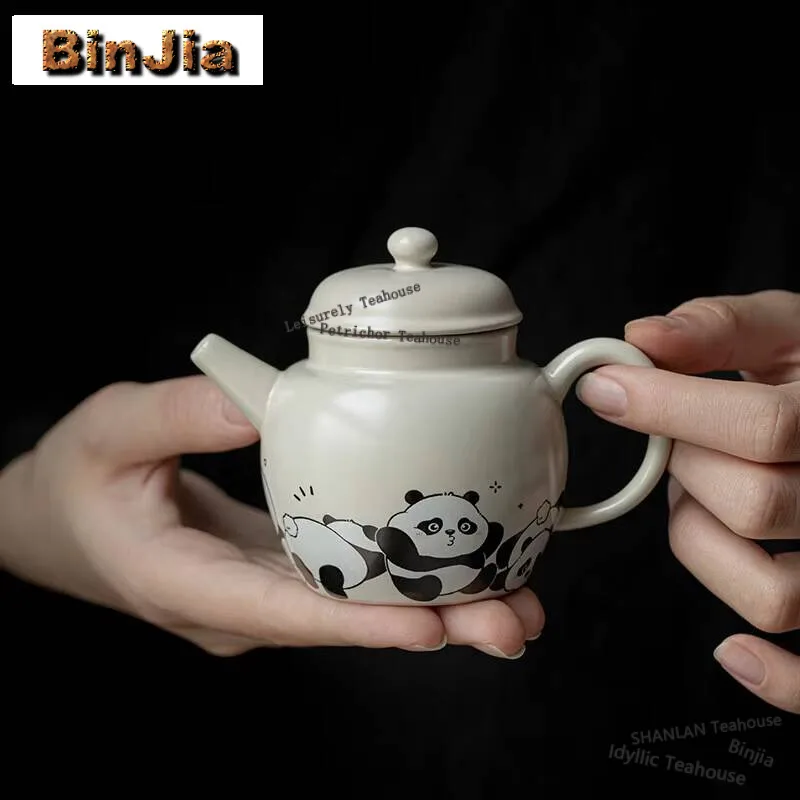 Retro Grass Wood Grey Teapot Antique Panda Pattern Pot Household Tea Making Kettle with Strainer Chinese Cha Tea Set Ornaments