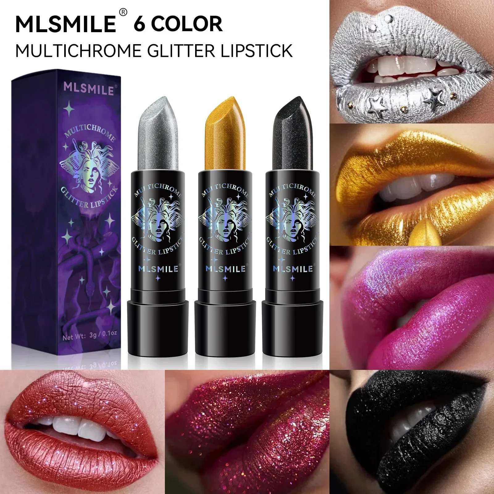 Rouge à lèvres diamant hydratant luxueux, noir et rouge, avec paillettes intenses, perles, or, argent, pour les beautés de célébration de noël