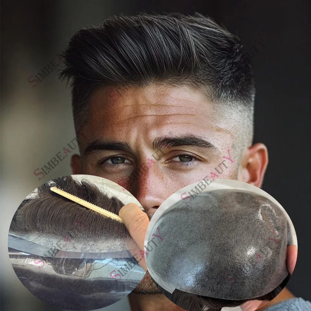 

Незаметный # Натуральный черный мужской парик-накладка 1B с естественной линией роста волос, прочный, 0.1 мм, тонкая инъекционная основа, ручная работа, система из натуральных человеческих волос