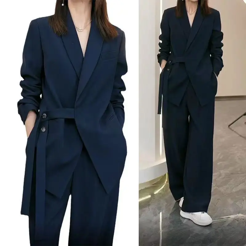 Woman\'s Plus Size Retro Casual Short Lace-up Suit Jacket Wide-leg Pants Commuter Solid Color Loose Two-piece Set