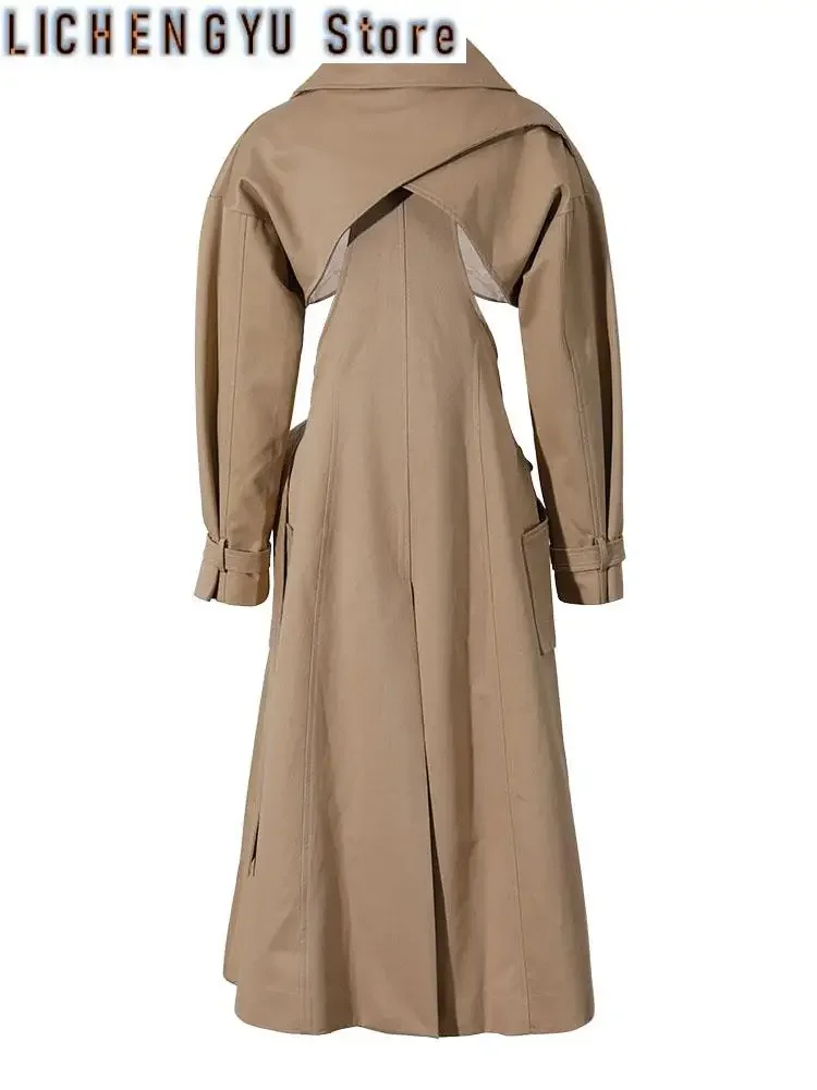 Women Cut-out Big Size Camel Long Trench New Lapel Long Sleeve Loose Fit Windbreaker Fashion Spring Autumn