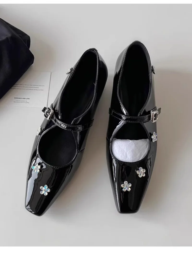 

2025 Spring New Genuine Leather Women's Mary Jane Shoes Square Toe Wedge Heel Buckle Rhinestone Flower Ladies Single Shoes