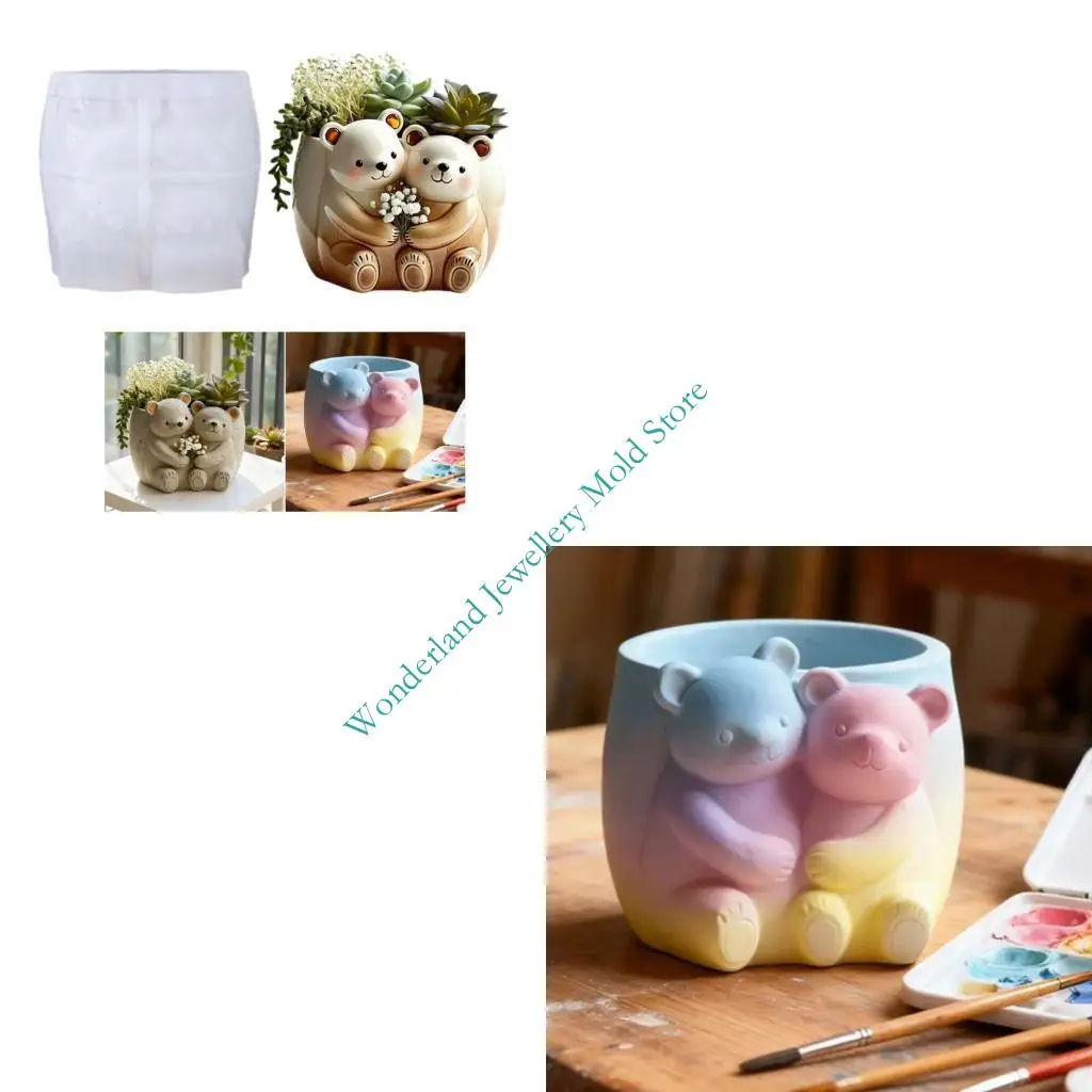

H7EB Flexible Silicone Craft Mould Bear Holding Planter Resin Casting Jewelry Tool
