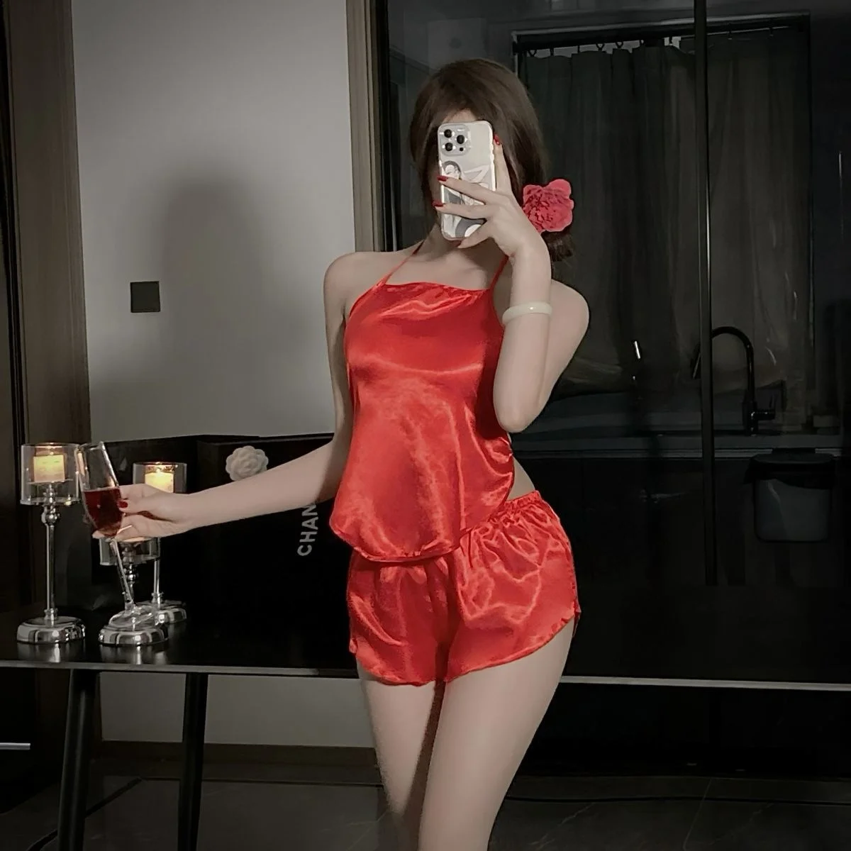 

Women's Satin Halter Pajama Set - Backless Camisole & Shorts Silky Loungewear Sexy Nightwear Summer Sleepwear (Red/Black/Beige)