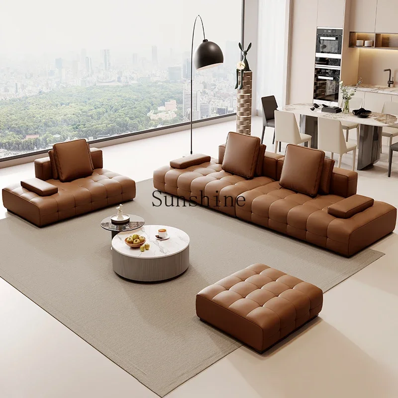 Living room premium leather sofa Italian minimalist large flat straight row sofa