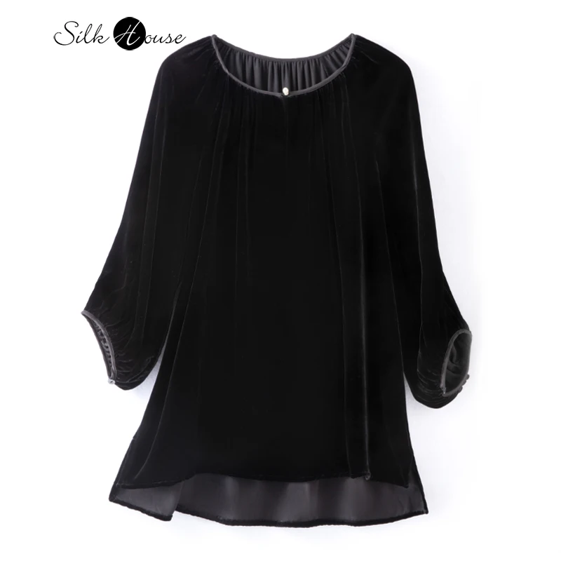 Spring and Autumn New 30% Natural Mulberry Silk Velvet Round Neck Extended Black Loose and Versatile Women's Casual T-shirt