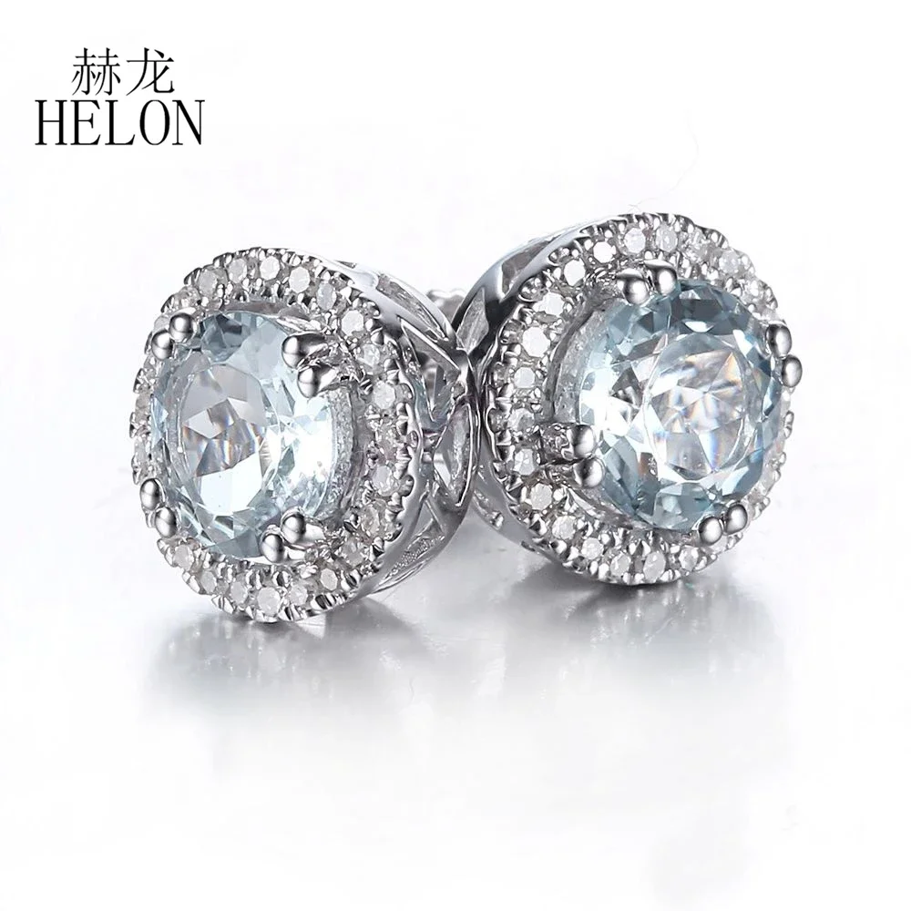 HELON Women Diamonds Stud Earrings Solid 14k 10K White Gold 6mm Round Natural Aquamarine Diamonds Engagement Earrings Gift