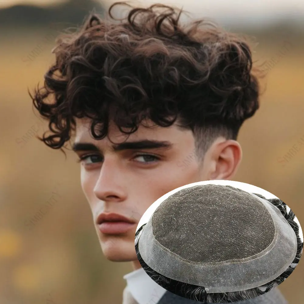 

Men's 28mm Curly Grey Black Human Hair Wigs Durable Australia Base Toupee Lace PU Hair Unit Natural Hairline Capillary Prothesis