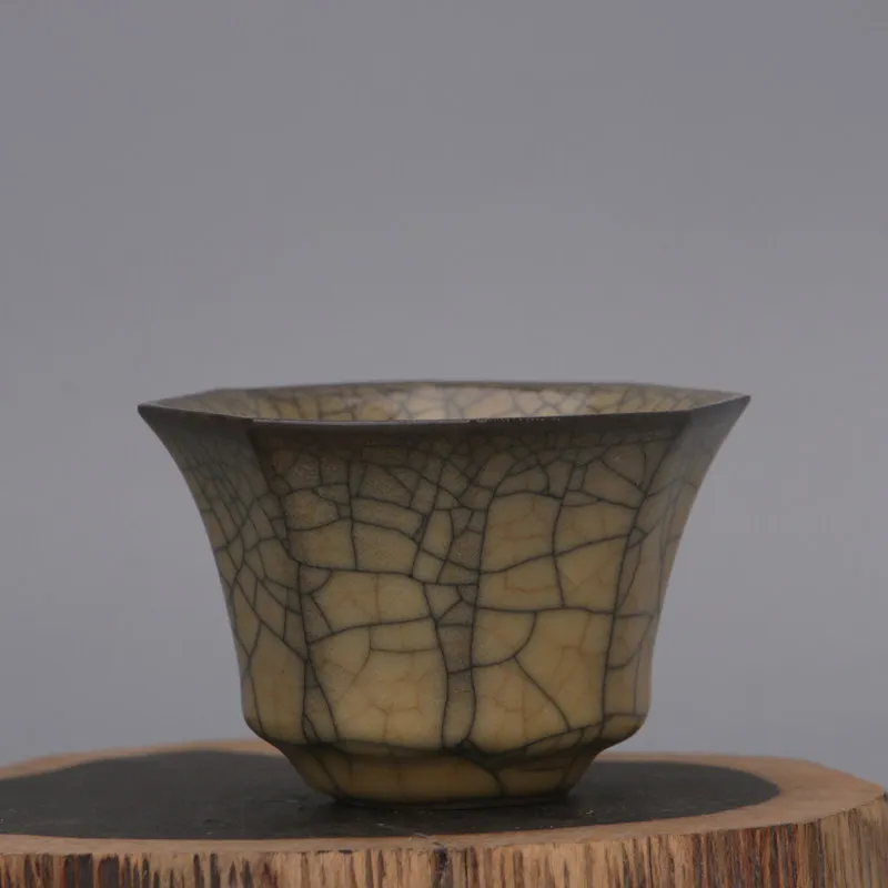 Vintage Ge Kiln Polygonal Cup Gold Wire Iron Crackle Handmade Ceramic Home Decor Collectible