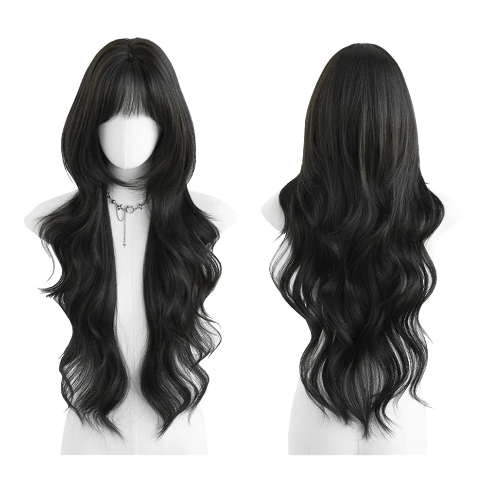 

Черно-коричневые волнистые синтетические длинные вьющиеся челки подходят для женских повседневных вечеринок. Пушистые термостойкие парики высокого уровня.