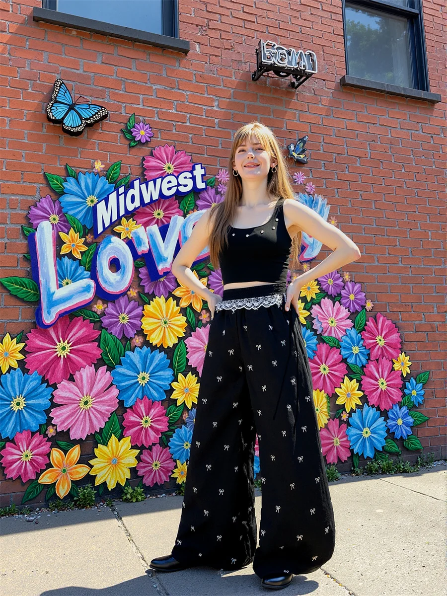 

Женские брюки с галстуком-бабочкой, кружевная эстетичная одежда, расклешенные брюки, женские широкие брюки, свободные, элегантные, с высокой талией, лето-весна, дышащие