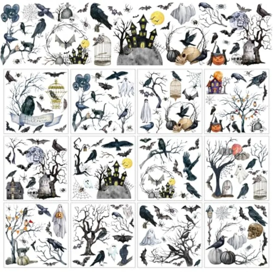 12 Sheets Halloween Rub on Transfer for Crafts Crow Ghost Bat Skull Rub on Transfer Stickers Watercolor Furniture Decals for Ho