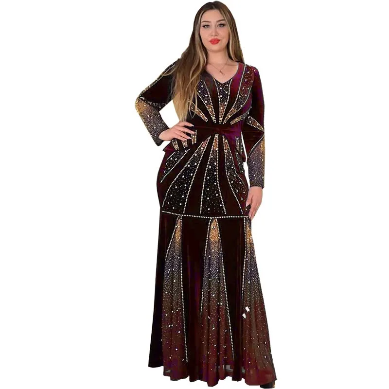 Luxury Formal Evening Velvet Long Dresses For Women African Fashion Autumn Winter Dashiki Beading Slim Fit Elegant Party Dress