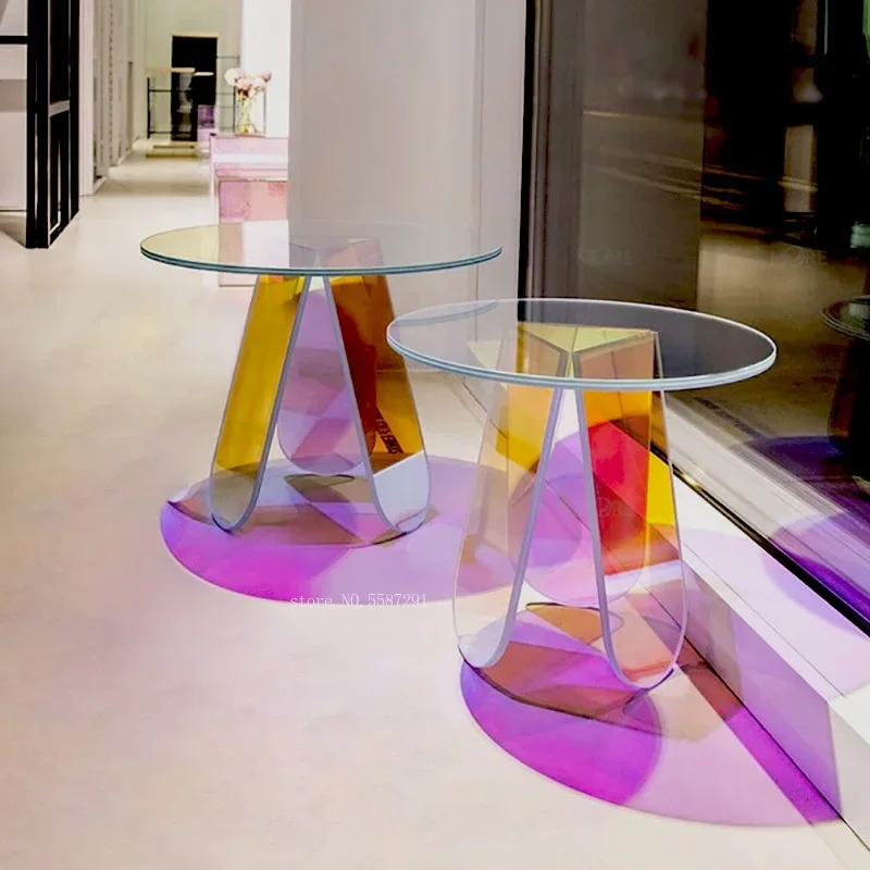 Dazzle Color Acrylic Side Table Clear Small Round Mirror Furniture Side Desk Colorful Glass PMMA Laser Rainbow Coffee Table