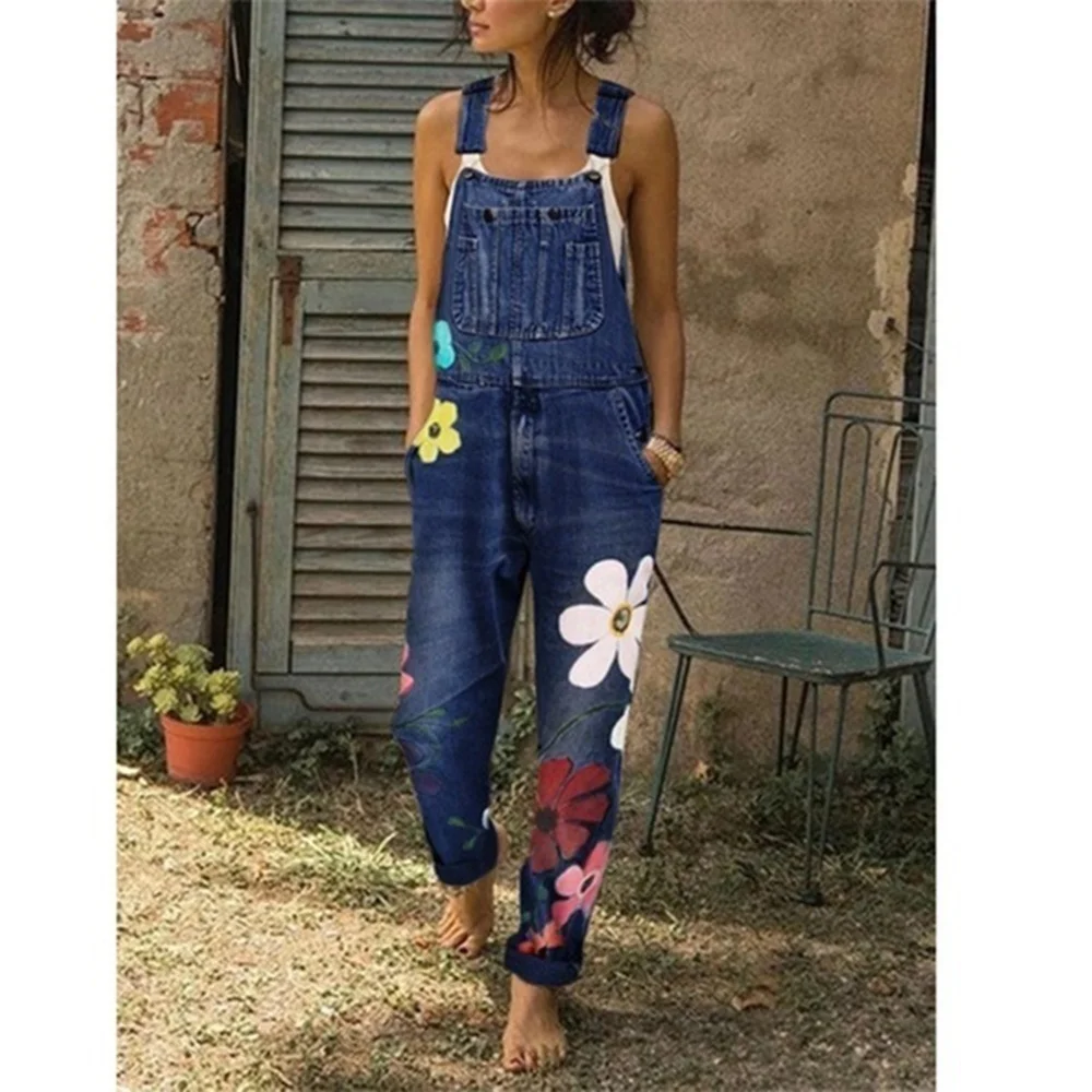 

Top women's fashion denim jumpsuit long jumpsuit casual printed jeans bib jumpsuit plus size