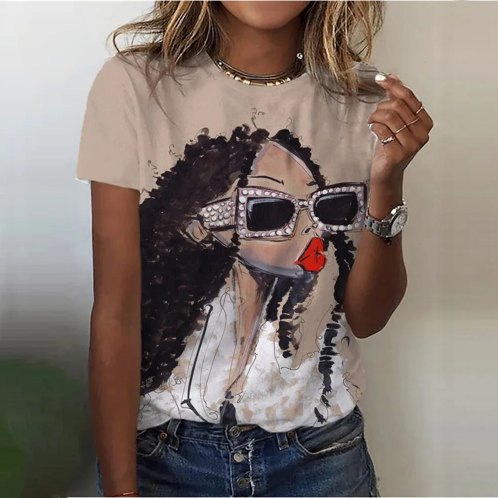 Women's T Shirt Modern Sunglasses Girl Harajuku Clothing O-Neck Tops Pullover 3D Print Short Sleeve Tees Loose Streetwear Summer