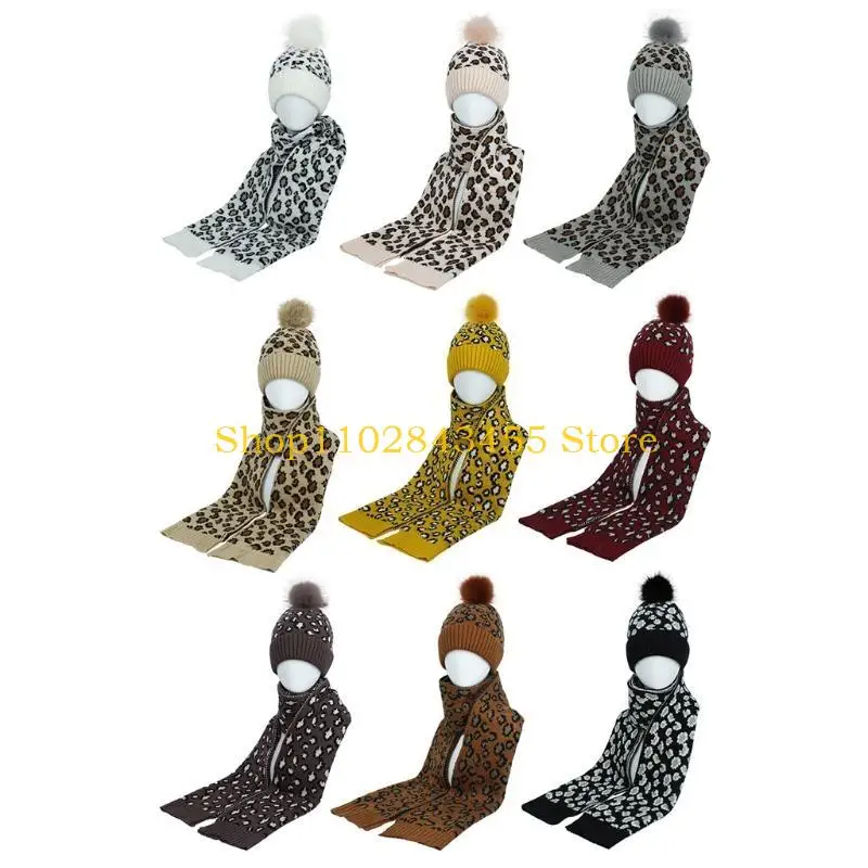49MC النساء الشتاء محبوك 2 قطعة قبعة صغيرة ووشاح مجموعة خمر ليوبارد طباعة رقيق مكبل الجمجمة قبعة رشاقته شال