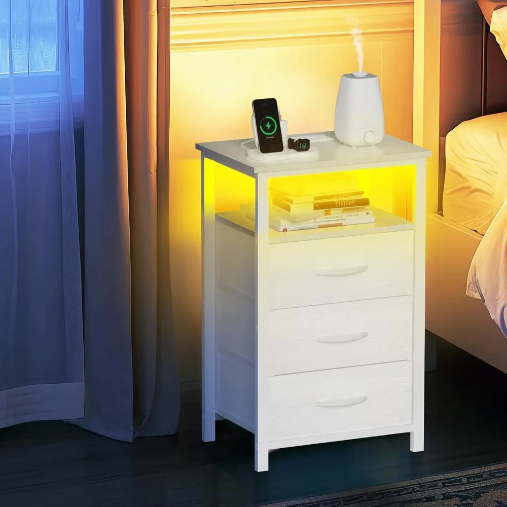 Nightstand with Charging Station, Bedside Table LED Night Stand with USB Ports and Outlets, End Table with 3 Fabric Drawers